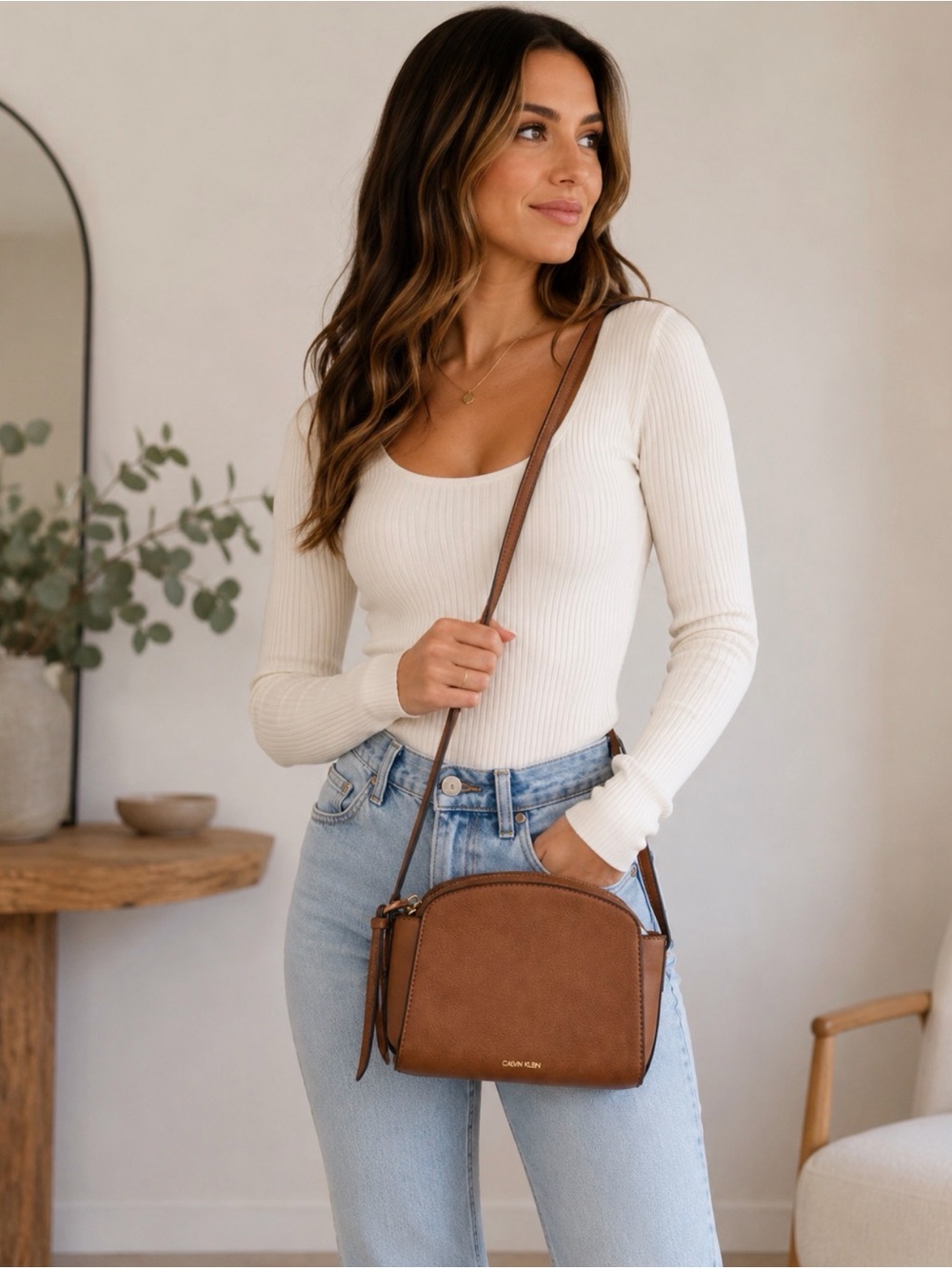 Calvin Klein Brown Tan Leather Crossbody Bag